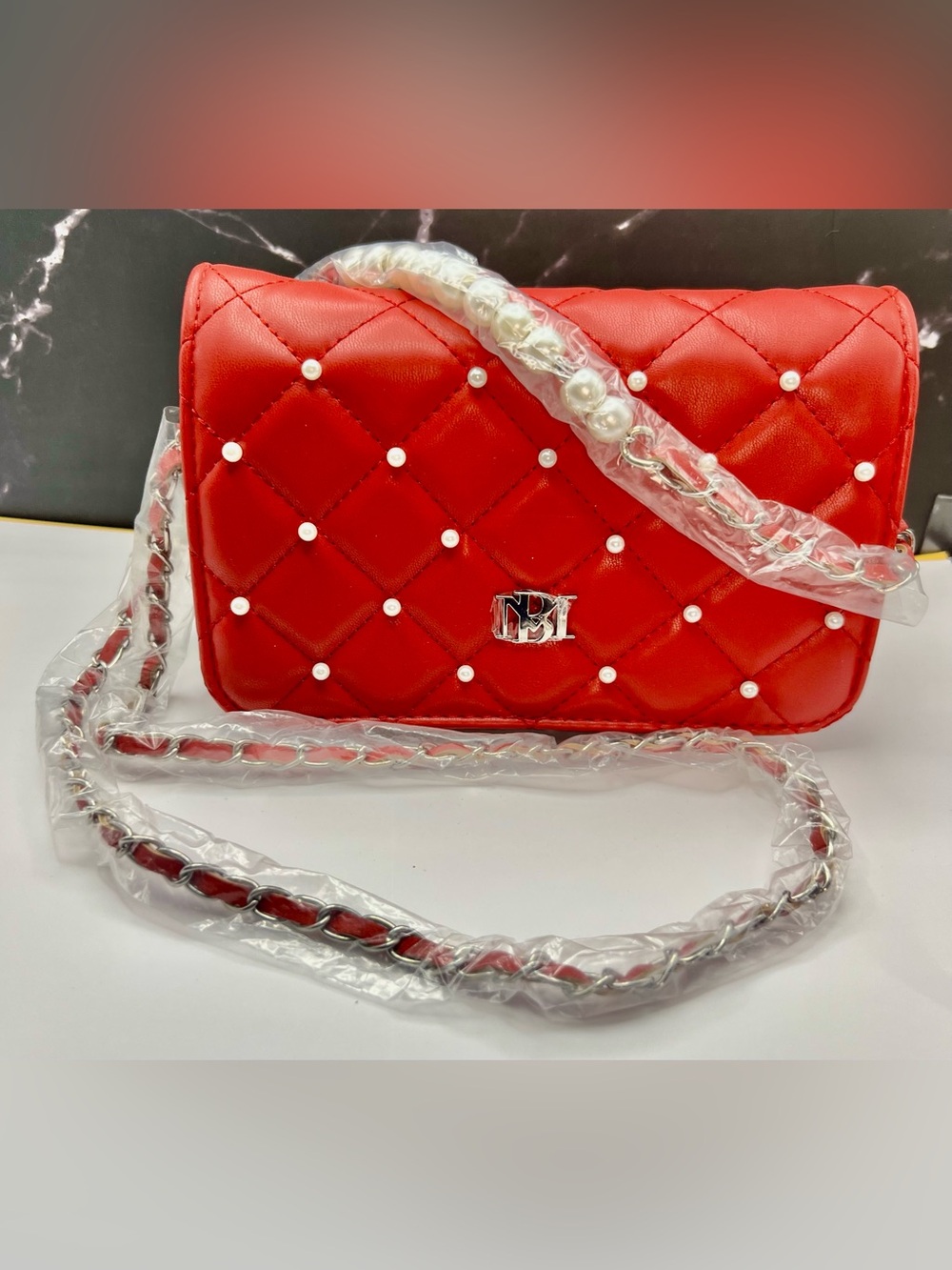 Badgley Mischka Quilted Diamond Vegan Leather & Pearl Crossbody Bag Red/Silver
